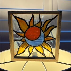 Sunburst Stained Glass Art with Wooden Frame